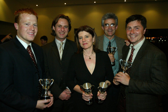 The Age’s sports writers Peter Ker, Paul Daffey, Caroline Wilson, Greg Baum and Sebastian Costanzo at the AFL Football Awards in 2003.