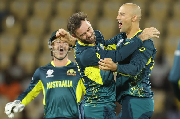 Matthew Wade, Glenn Maxwell and Ashton Agar celebrate Australia’s last start victory over Scotland.