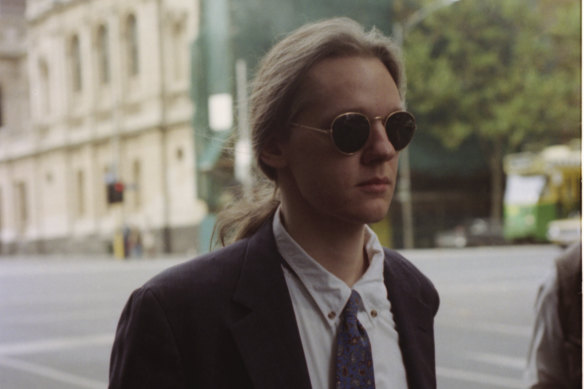 Young hacker: Julian Assange outside court  in 1995 after being accused of hacking into global computer systems.