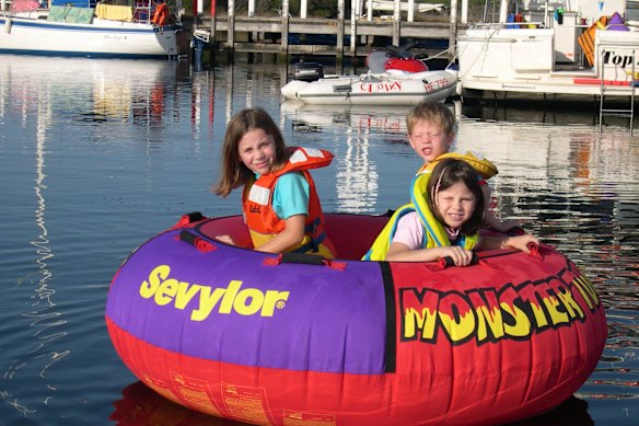 The author enjoys the Gippsland Lakes as a child (left).