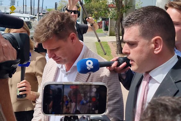 A lawyer for Sam Wood, Matthew Cuskelly, speaks with journalists outside Maroochydore Magistrates Court on Monday morning.