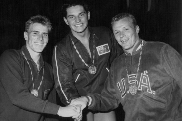 Top three ... John Konrads, pictured with teammate Murray Rose who came second and American George Breen, third.