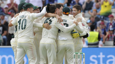 Australia celebrate after beating England by 251 runs during day five of the first Ashes Test.