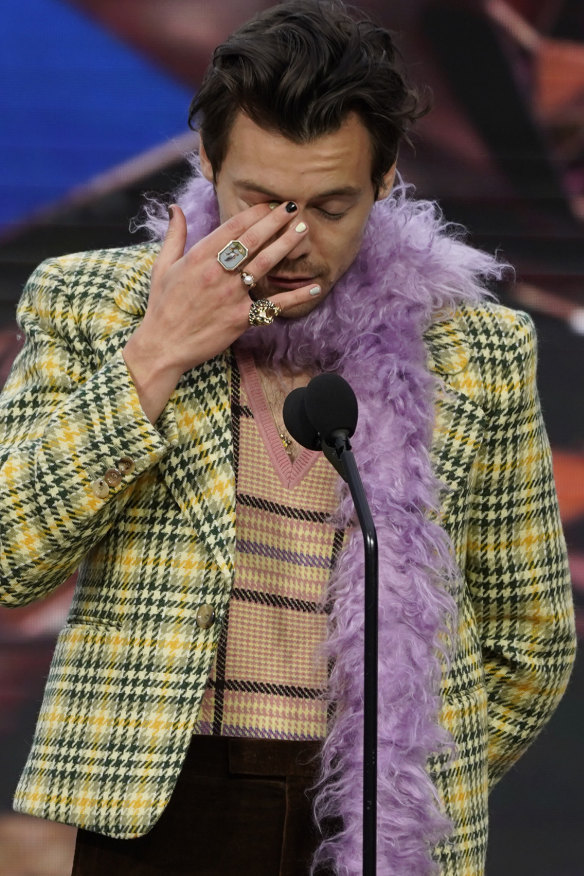 Singer Harry Styles wearing nail polish at the 63rd Grammy Awards in March.