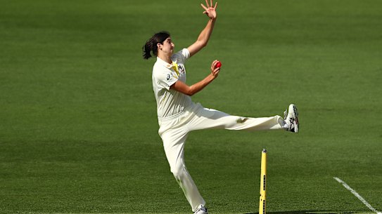 Stella Campbell of Australia bowls during day two of the Women’s Test.