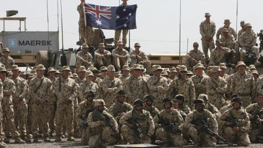 Australian soldiers at `Kamp Holland` Military base in Tarin Kowt, Afghanistan during a vitis from John Howard in 2007.