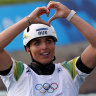 Jessica Fox celebrates after her faultless run in the women’s slalom on Sunday.  