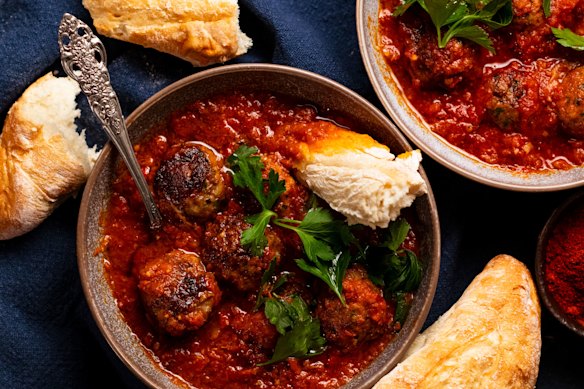 RecipeTin Eats’ smoky Spanish meatballs swimming in chorizo sauce.