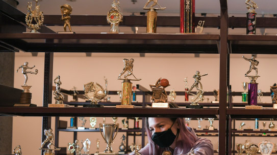 Artist Diamond Stingily's installation "In the middle but in the corner of 176th place" and NGV's assistant curator of contemporary art Katharina Prugger.