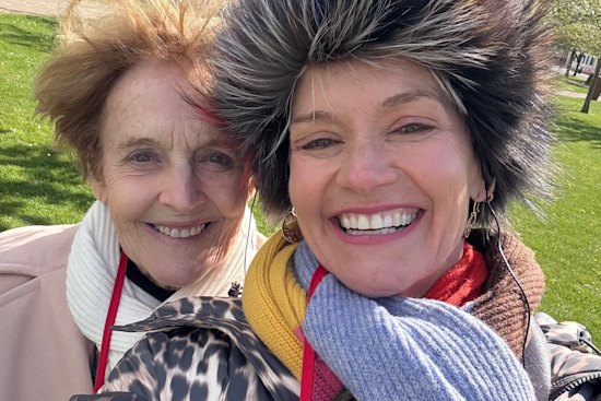 Jessica Rowe (right, with her mother, Penelope) in one of the “silly hats” she packed for her Scandinavian cruise.