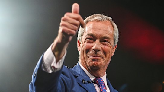 Britain’s Reform UK party leader Nigel Farage reacts during the Reform party’s annual conference at the National Exhibition Centre in Birmingham on Saturday.