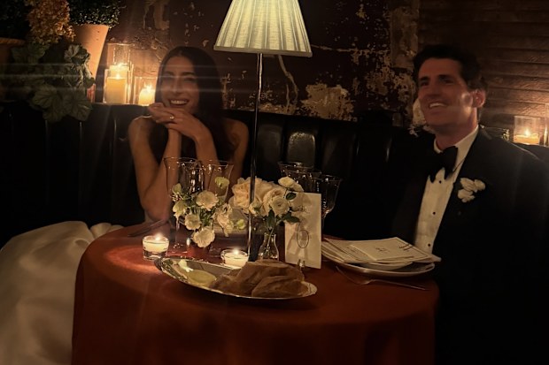 Rebecca Harding and Andy Lee inside their New York wedding reception.