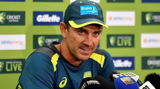 Australian coach Justin Langer speaking at a media conference in Sydney in January, 2019, where he got 'two out of 10 grumpy'. 