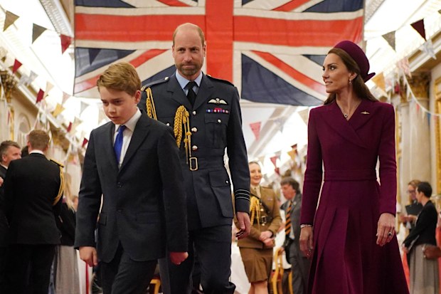 Prince George with the Prince of Wales and the Princess of Wales join Second World War veterans at a tea party in Buckingham Palace, central London, following the military procession to mark the 80th anniversary of VE Day. Picture date: Monday May 5, 2025. PA Photo. See PA story MEMORIAL VEDay. Photo credit should read: Yui Mok/PA Wire