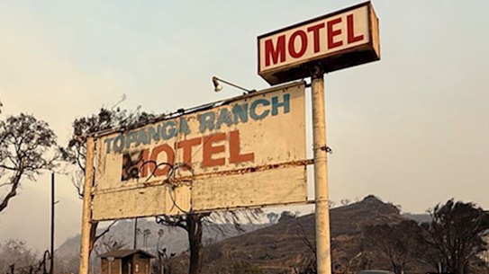 Top and bottom right: The fire aftermath of the historic Topanga Ranch Motel. Photos taken on Jan. 8, 2025, by California State Parks. Bottom left: The Topanga Ranch Motel before the Palisades Fire.