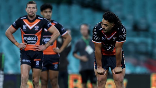 Kelma Tuilagi reacts to the Tigers heavy loss to the Roosters.