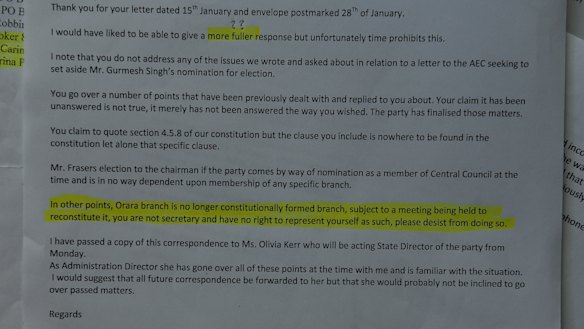 The email from Ross Cadell, then state director of the NSW Nationals, that deemed one of the two branches in the Coffs Harbour electorate was unconstitutional. 