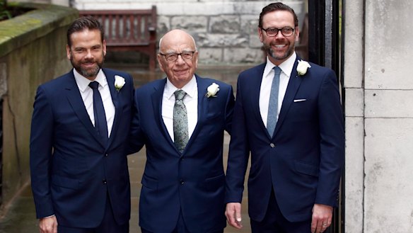 Media Mogul Rupert Murdoch poses for a photograph with his sons Lachlan and James.