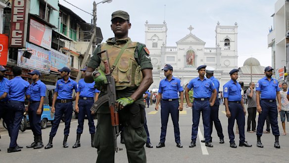 Sri Lankan Army soldiers secure the area around St. Anthony's Shrine after a blast in Colombo, Sri Lanka.