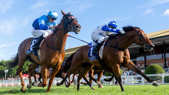 Fire Star and Jason Collett, left, finish a close second to Hidden Wealth at Eagle Farm.