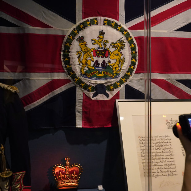 The standard and uniform of the former British Governors of Hong Kong displayed at The Hong Kong Story exhibition. 