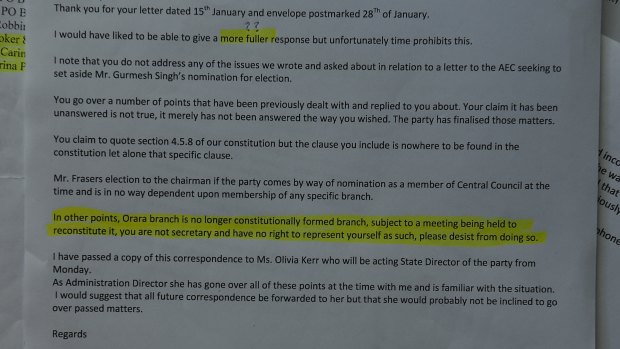 The email from Ross Cadell, then state director of the NSW Nationals, that deemed one of the two branches in the Coffs Harbour electorate was unconstitutional. 