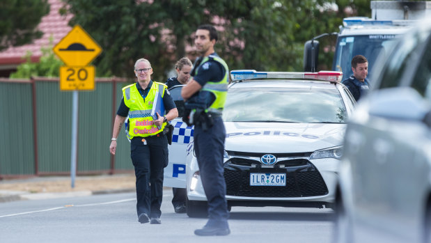 Police at the scene of the double shooting in Meadow Heights on Tuesday morning.