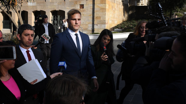 Jack de Belin leaves Wollongong Local Court on Wednesday.