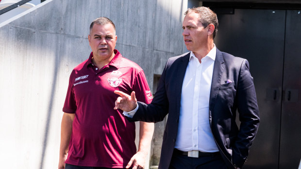 New Sea Eagles coach Anthony Seibold and CEO Tony Mestrov.