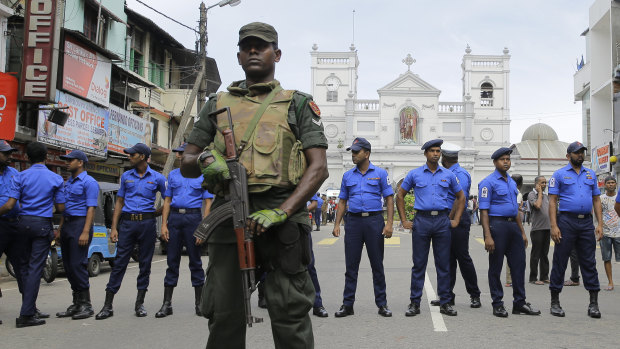 Sri Lankan Army soldiers secure the area around St. Anthony's Shrine after a blast in Colombo, Sri Lanka.