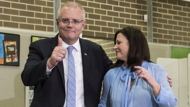 Scott Morrison, with wife Jenny, was sharp and effective in this election campaign by making himself a small target and turning every question into a personal contest against Bill Shorten.