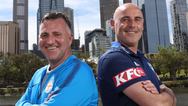 Crosstown rivals: Melbourne City coach Warren Joyce and Melbourne Victory coach Kevin Muscat. Well-attended derbies are the lifeblood of the A-League.