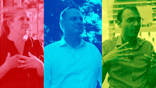 Brisbane lord mayoral candidates Tracey Price (Labor), Adrian Schrinner (LNP) and Jonathan Sriranganathan (Greens).