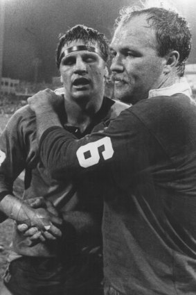 Honour among captains ... Queensland skipper Wally Lewis congratulates his NSW counterpart, Wayne Pearce, after the game.