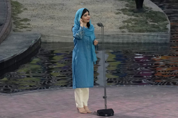 Pakistani activist Malala Yousafzai addresses the crowd during the Commonwealth Games opening ceremony.