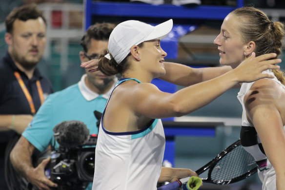 Ashleigh Barty, of Australia, hugs Petra Kvitova, of the Czech Republic, after winning 7-6(6), 3-6, 6-2 during the Miami Open tennis tournament, Wednesday, March 27, 2019. 