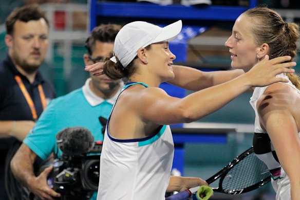 Ashleigh Barty, of Australia, hugs Petra Kvitova, of the Czech Republic, after winning 7-6(6), 3-6, 6-2 during the Miami Open tennis tournament, Wednesday, March 27, 2019. 