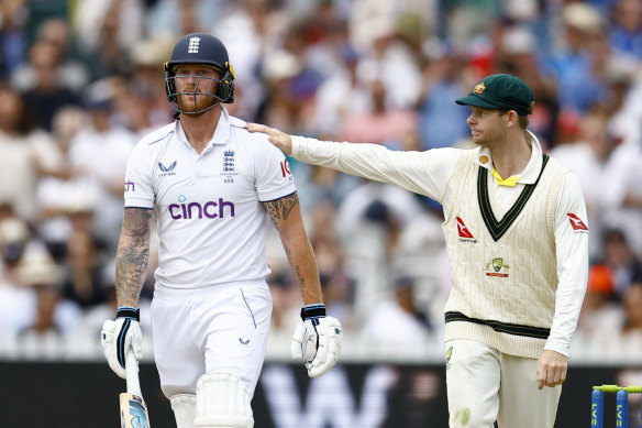 Steve Smith consoles Ben Stokes. 