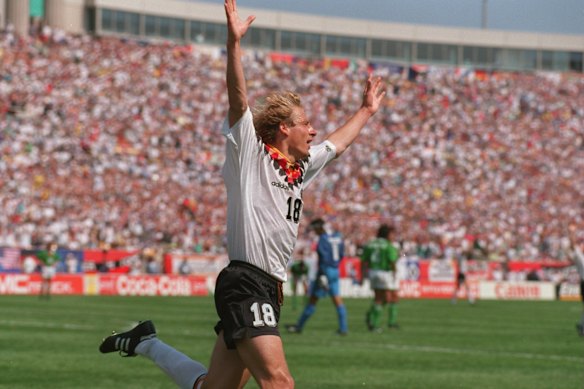 Jurgen Klinsmann celebrates after scoring the only goal in the opening game of the 1994 World Cup.