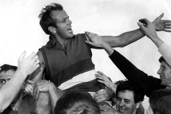 Ted Whitten is chaired from the ground after Footscray defeated Fitzroy in his 300th game.