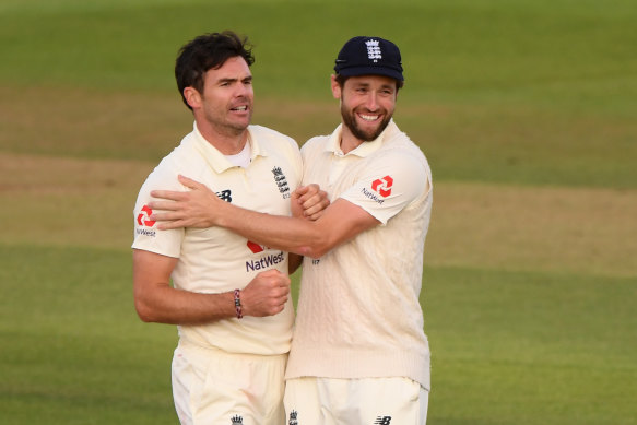 James Anderson (left) celebrates a wicket.