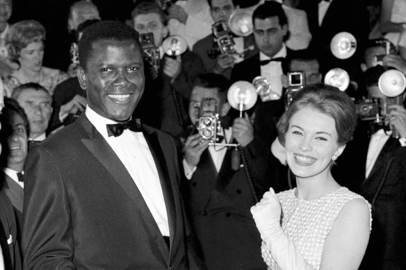 Sidney Poitier and Jean Seberg at the premiere of A Raisin in the Sun at the 1961 Cannes Film Festival.