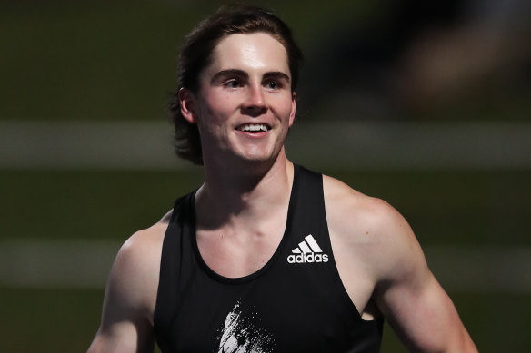Rohan Browning celebrates his victory in the men’s 100m final at the Australian track and field championships.