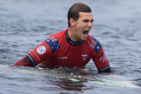 Jack Robinson celebrates his remarkable win at Teahupo’o.