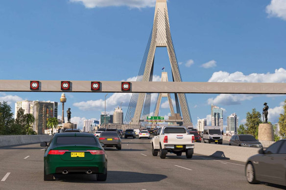 An artist’s impression of the 8.5-metre high gantry with speed limit signs that will be installed on the western approach to the Anzac Bridge.