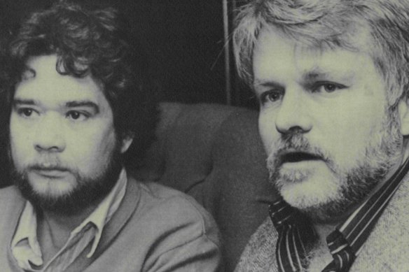 Anthony Sullivan, then 40, right, speaks at a Los Angeles news conference on March 5, 1982, as Richard Adams listens. 