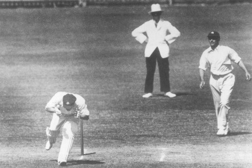 Australian cricketer Bert Oldfield is struck in the head by Harold Larwood during the Bodyline series of 1933.