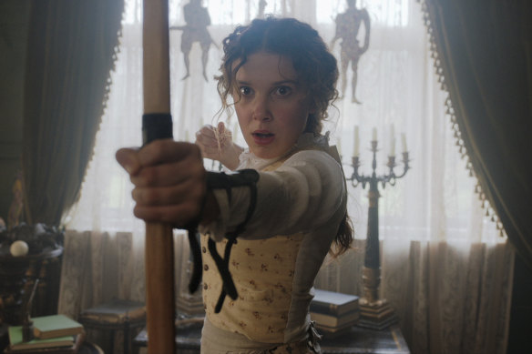 Millie Bobby Brown as Sherlock Holmes' sister in the action caper Enola Holmes. 