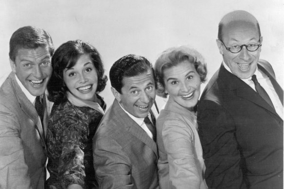 The cast of the Dick Van Dyke Show: Dick Van Dyke, Mary Tyler Moore, Morey Amsterdam, Rosef Marie and Richard Deacon