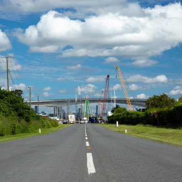The Gateway Bridge looms over Gibson Island.